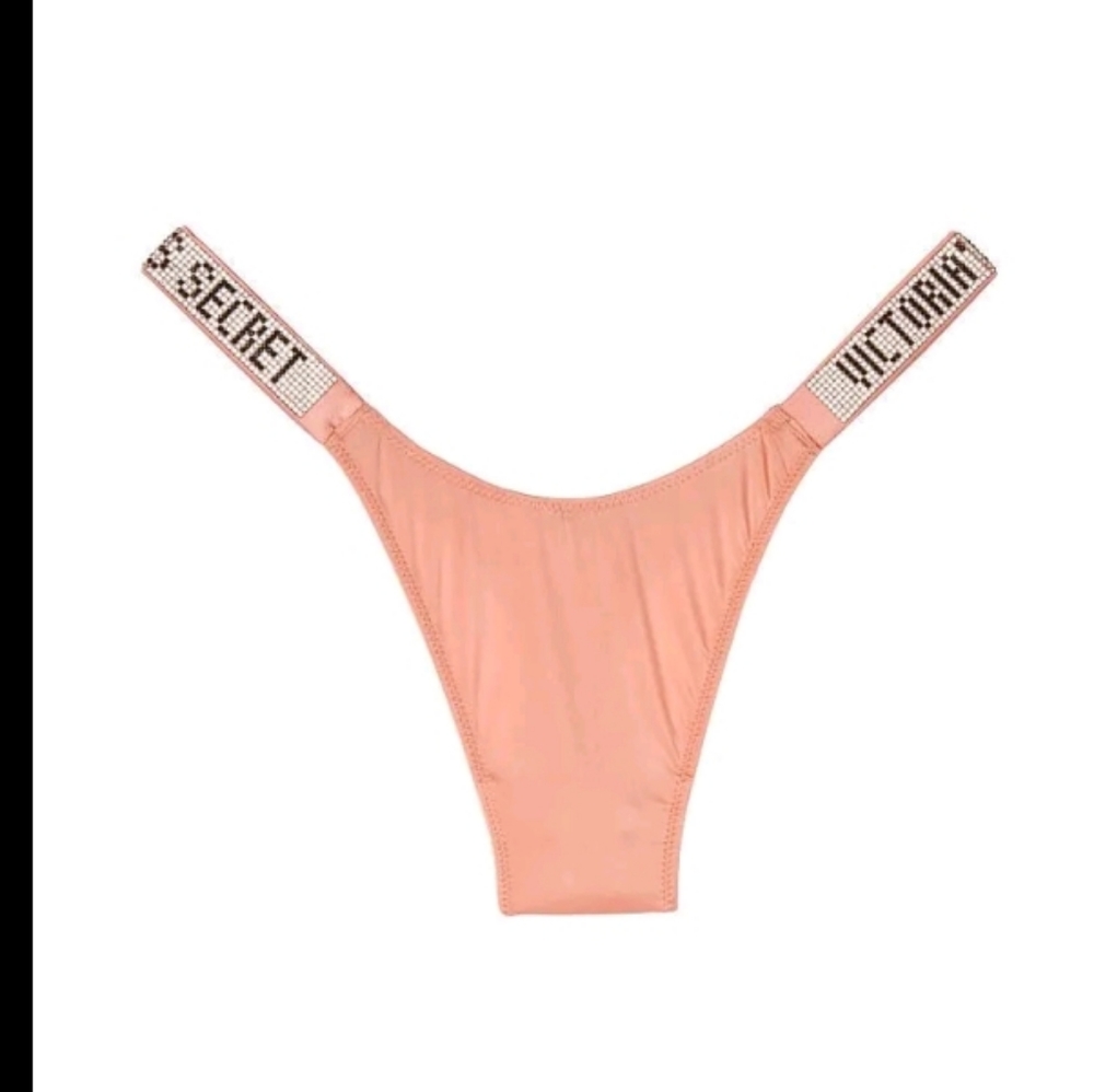 Victoria Secret-Shine Strap Logo Bling Rhinestone "Rose Tan" Thong-S